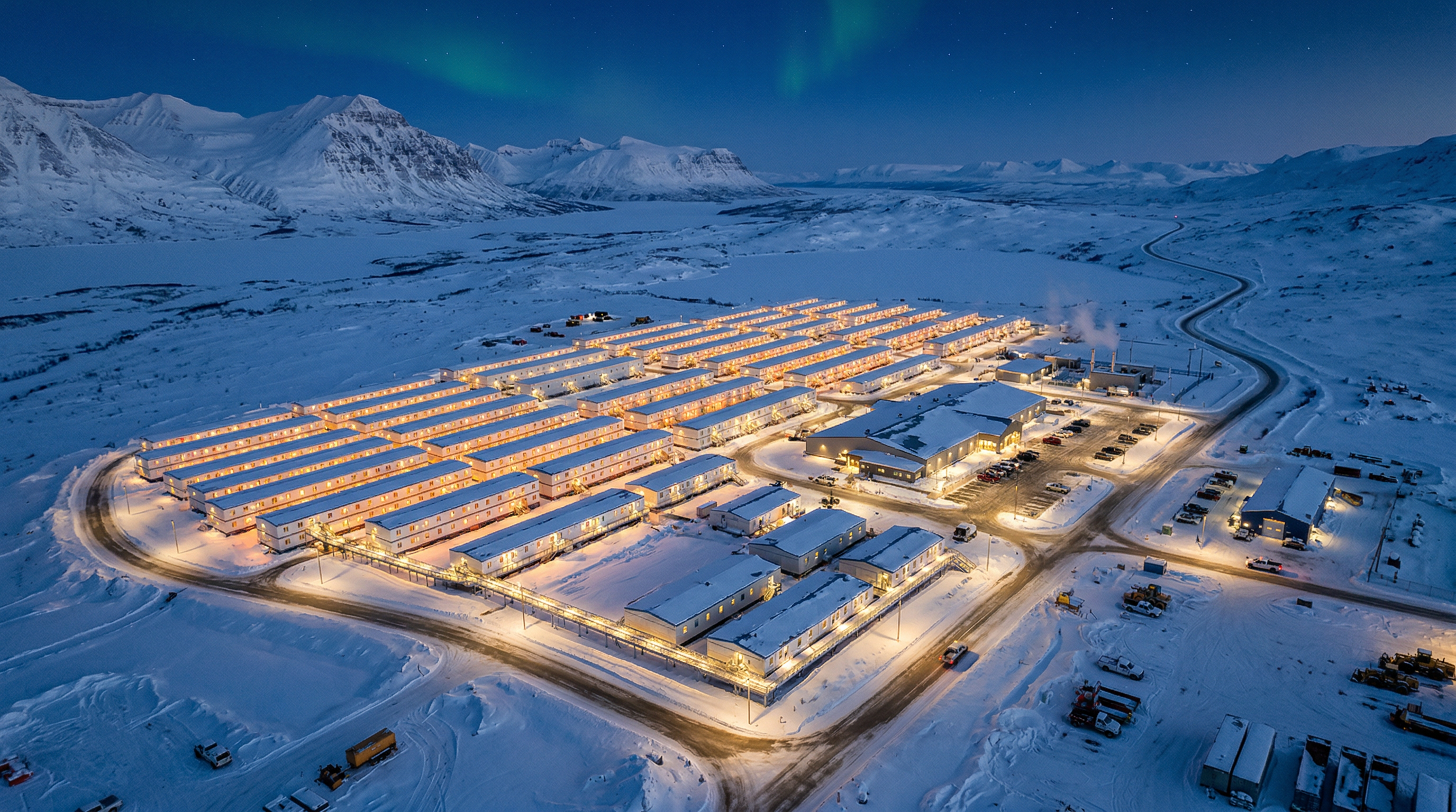 Aerial view of a Kodiak Industries workforce housing camp in an arctic landscape at twilight