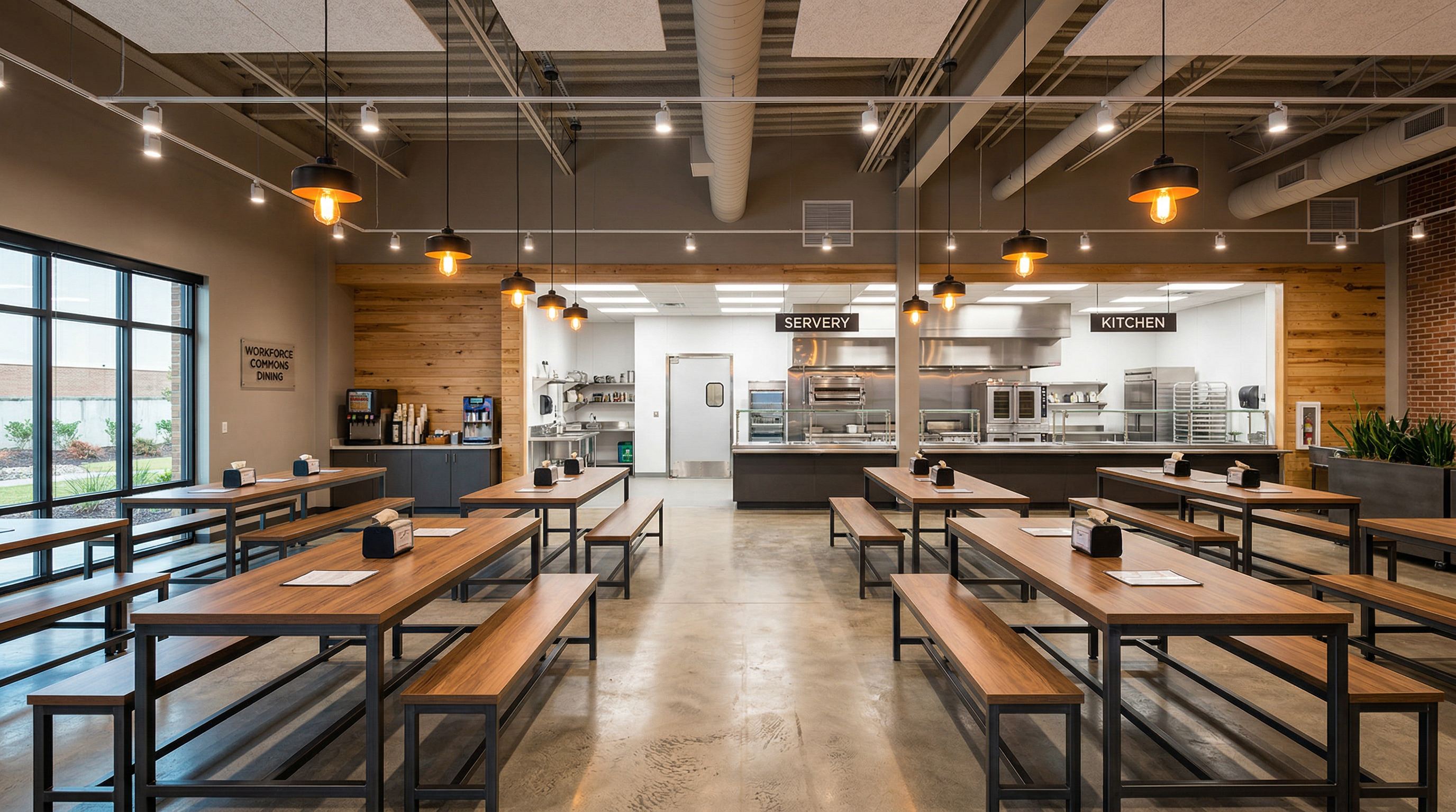 Modern workforce housing dining hall with commercial kitchen, warm wood and industrial design