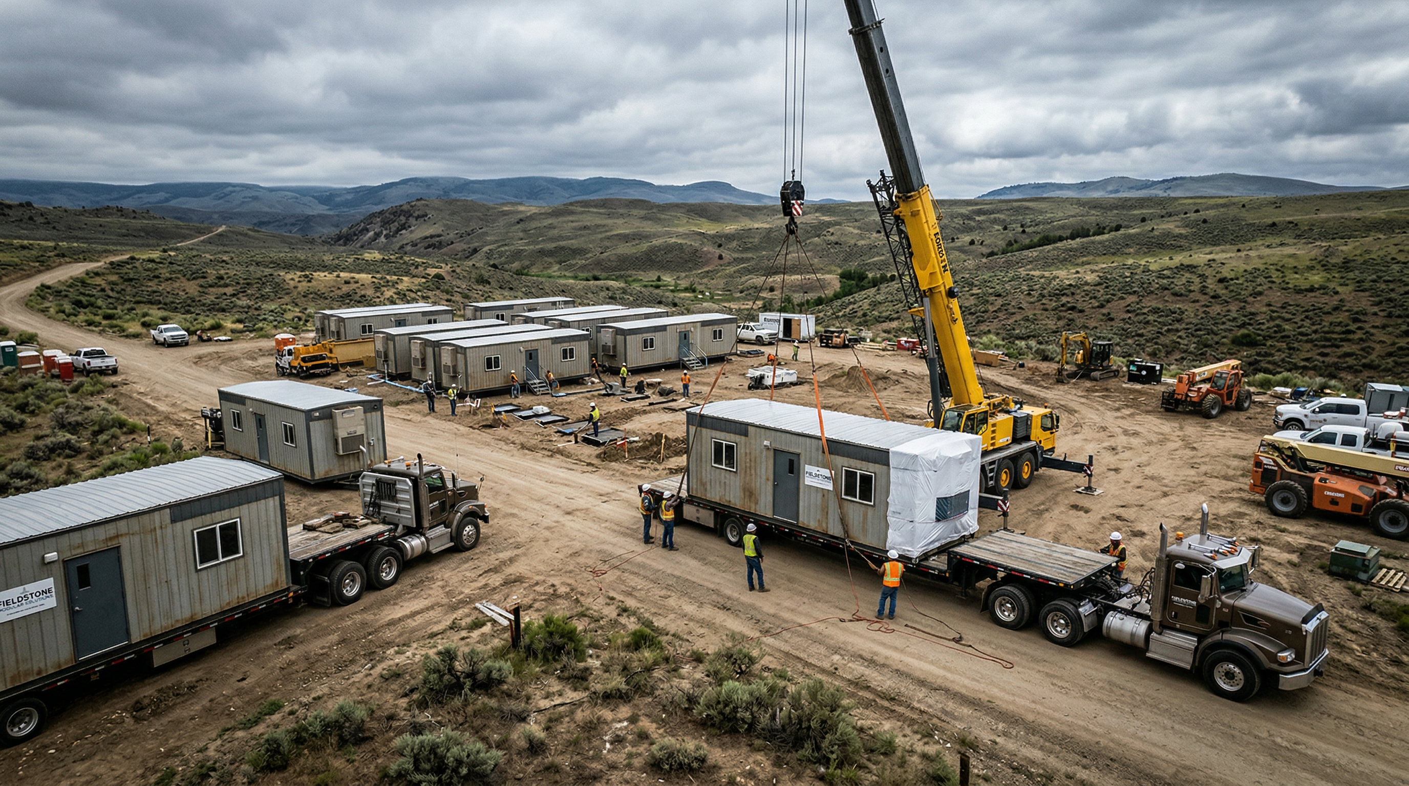 Modular housing units being assembled at a remote work site with heavy equipment